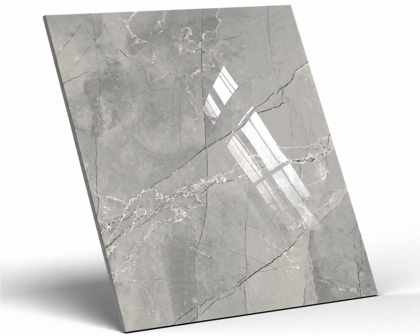 Leza Grey — polerowany marmur z refleksami Szary gres Leza Grey Poler 60×60 cm z marmurowym żyłkowaniem i odbiciem okna