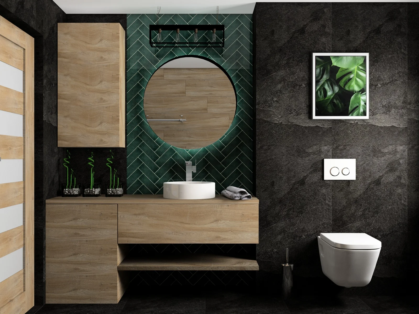 AXIS-ARTISAN-green-jodeka-1a (1) Łazienka z zielonymi płytkami Artisan Moss Green, okrągłym lustrem i drewnianą szafką